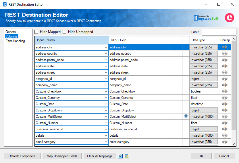 SSIS Copper REST Destination - Columns